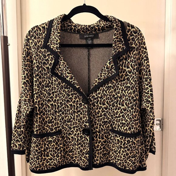 NINE WEST LEOPARD ANIMAL PRINT 3/4 Sleeve Cardigan Knit Blazer Jacket - size L - Picture 1 of 7